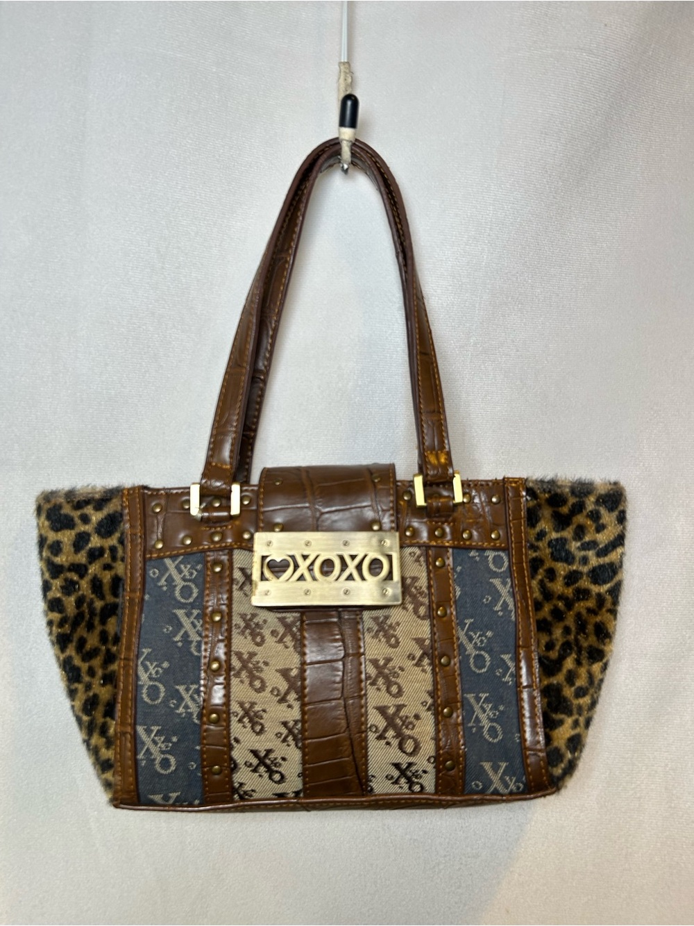 XOXO Brown/ Blue Monogram & Leopard Print Faux Fur Mixed Media Y2K Bag Studs